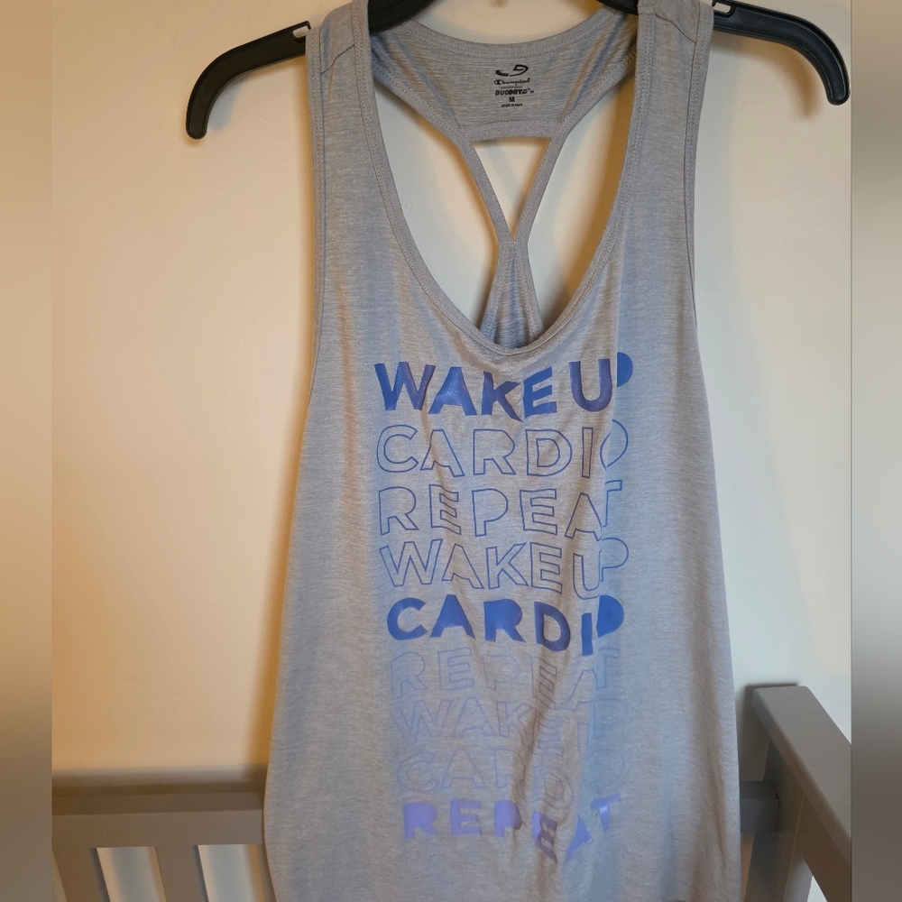 Champion Light Gray Work Out "Wake Up Cardio Repeat" Racer Tank Top Size Medium